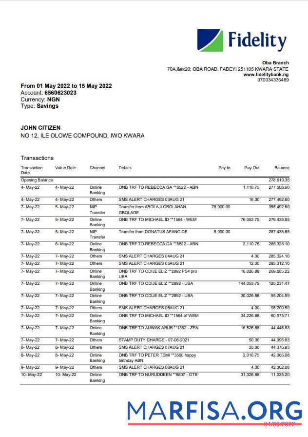 Realistic Nigeria Fidelity bank statement word download for verification